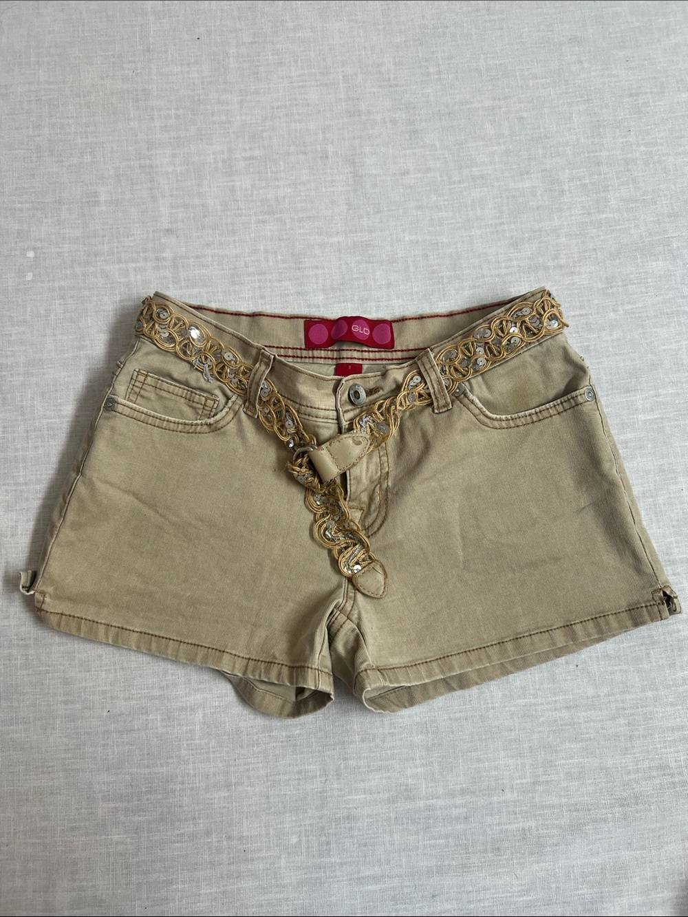 🌞 Glo Y2k Embellished Tan Shorts w/sequin belt 5 pocket design women size 3
